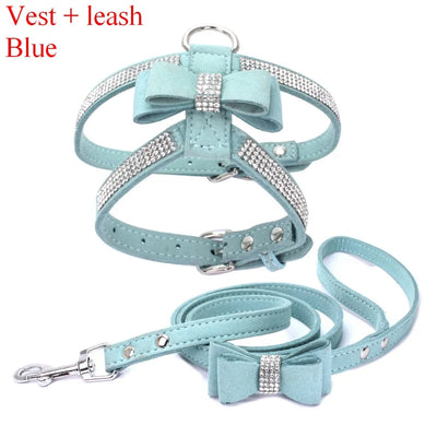 Pet Harness Leash With Rhinestone Bling Crystal Adjustable Chest Strap Soft Suede Bow Leather High Quality Drop Shipping